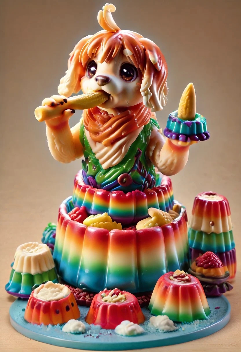 a cute chibby dog with big eyes made out of Jellystyle, he is eating a clay banana, very detailed, 4k, sharp, eating rainbow worms, novuschroma51 style