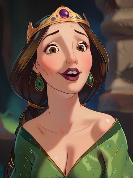 1girl, solo, <lora:Queen ElinorPDXL_v1:1>Queen ElinorPDXL, milf, mature woman, crown, green dress,, <lora:Expressive_H:0.8> Expressive_H<lora:J_cartoon:0.8>j_cartoon<lora:WesternCartoonClassicDisney100:0.8> score_9, score_8_up, score_7_up,