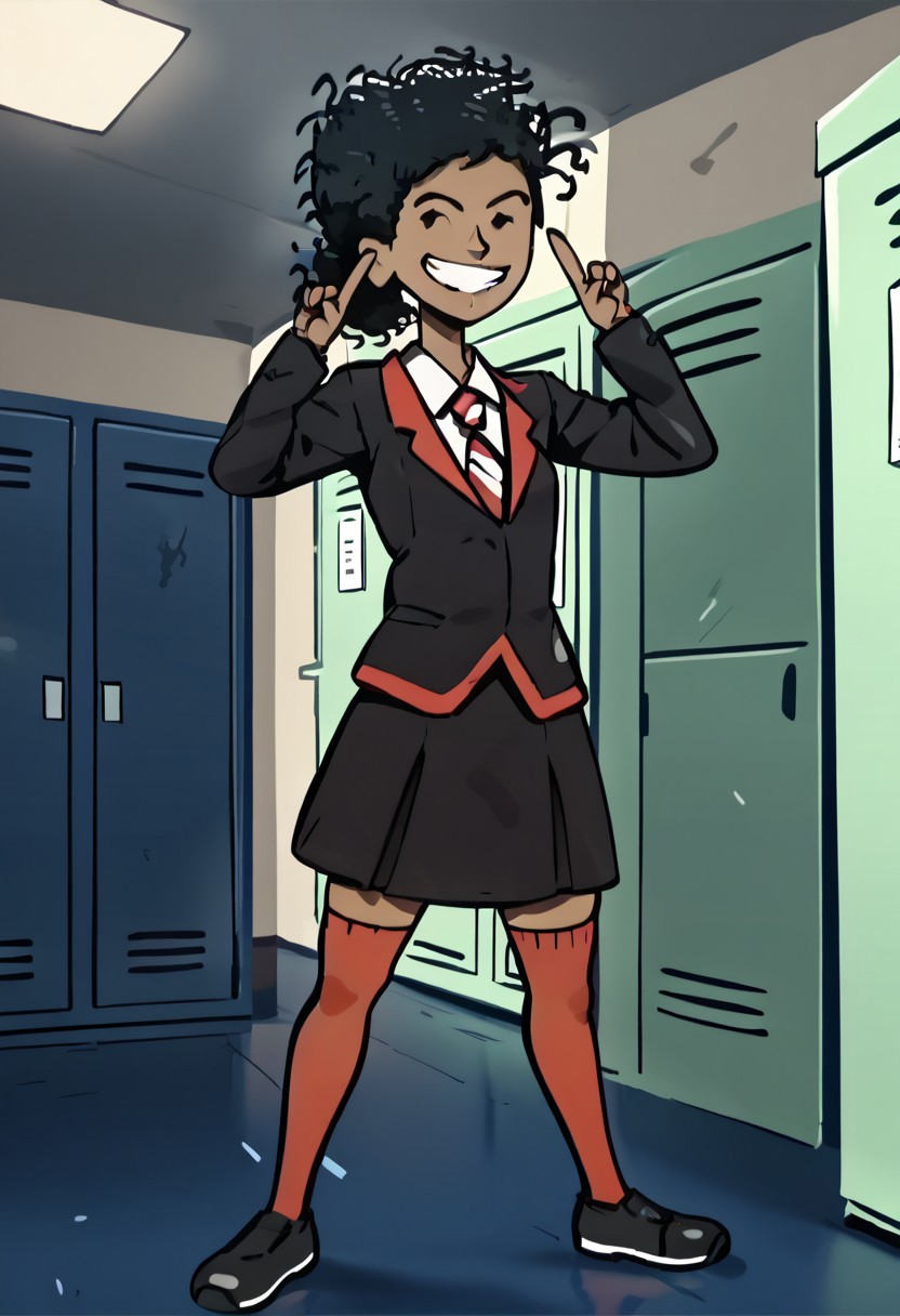 source_cartoon, score_9, score_9_up, score_8, score_8_up, score_7, score_7_up, score_6, score_6_up, highres, Rating_Safe, D-ART, D-ART Style, 18dart3, 18dart2, 18DART1, !!, ??, 
G1, 1girl, very dark skin, dark-skinned female, dot eyes, black hair, afro, messy hair, hair bun, ponytail
school uniform, jacket, necktie, skirt, socks, thighhighs, black shoes
smiling, grin, teeth, v, victory pose, locker room, indoors, grey walls, crowds, cowboy shot, dutch angle