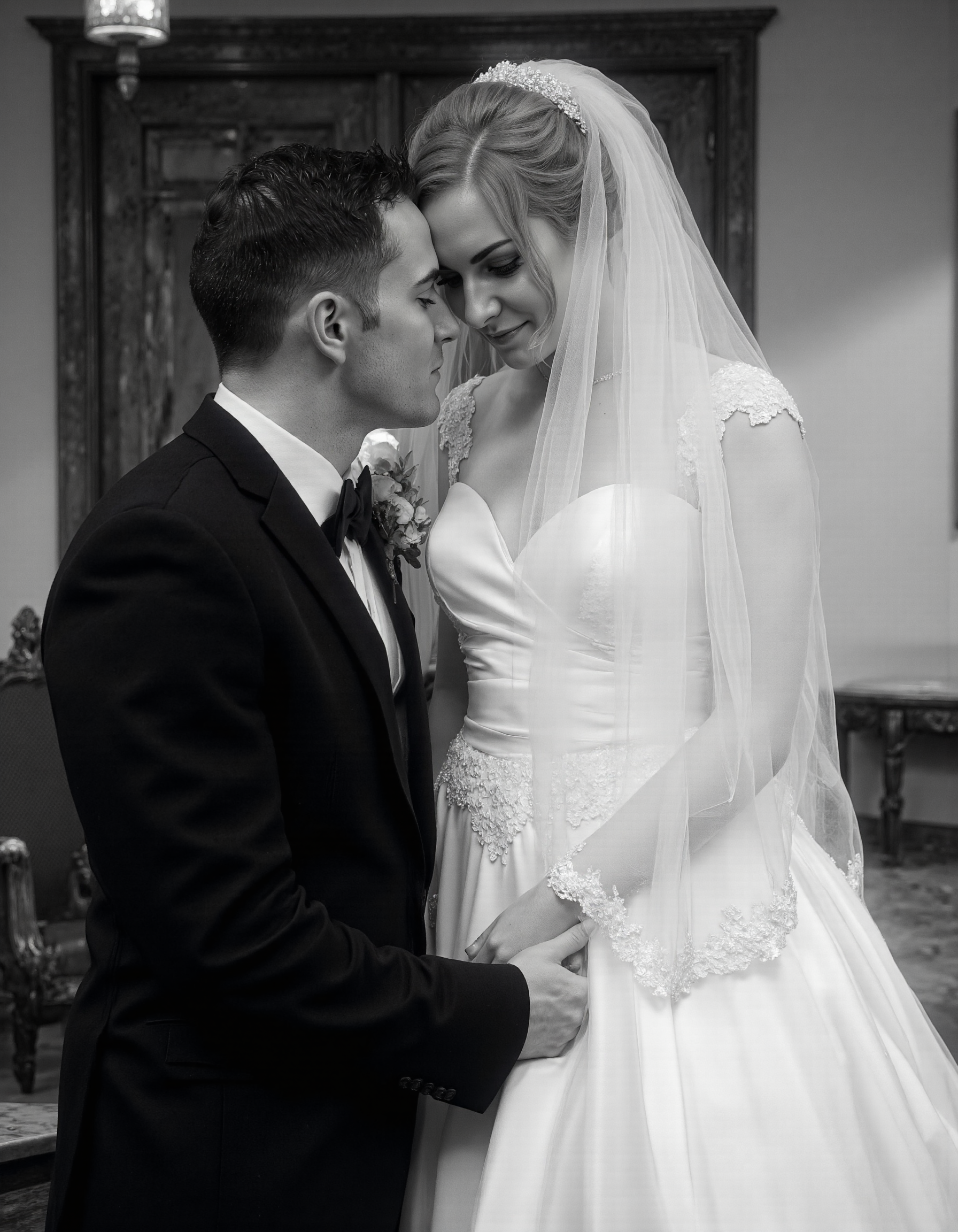 This black-and-white photograph captures a candid moment between a groom and bride in a luxurious, vintage setting., <lora:SuperModel-V9:1>, <lora:zilcova:1>, (b&w, Monochromatic, Film Photography:1.3),  Photorealistic, Hyperrealistic, Hyperdetailed, film noir, analog style, soft lighting, subsurface scattering, realistic, heavy shadow, masterpiece, best quality, ultra realistic, 8k, golden ratio, Intricate, High Detail, film photography, soft focus
