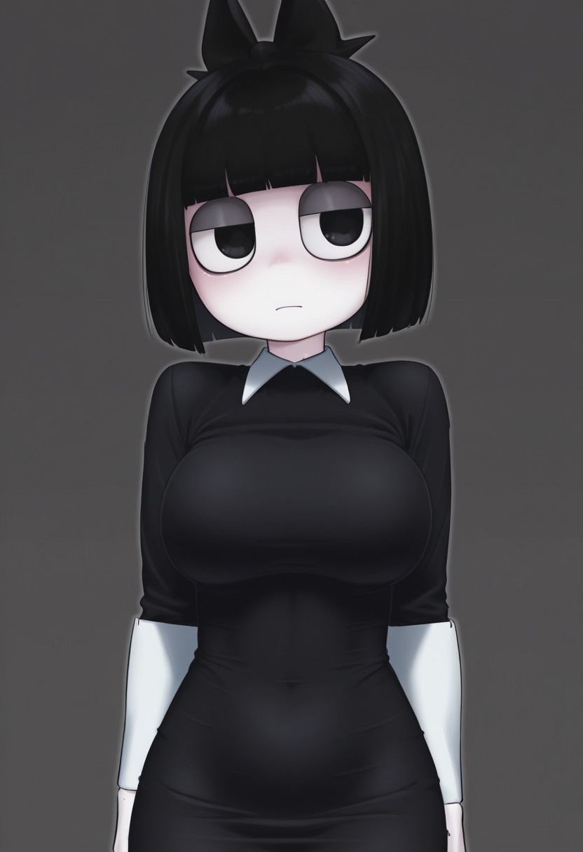 1girl, solo, creepysusieILL blunt bangs, black hair, short hair, long, black dress, black eyes, bob cut, big eyes, round race, pupet girl
