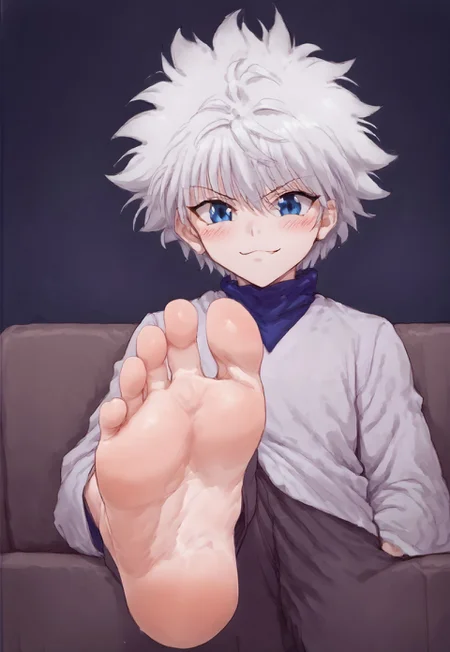 safe_pos, Killua,white hair,blue eyes,short hair,spiked hair, killua_zoldyck, solo, 1boy, young, blush, cute, shy, smug, BREAK
sitting, couch, gray couch, dark background, BREAK
footstomp, barefoot, feet, foot focus, soles, toes, foreshortening, view from below, stepon, feet focus, pov, from below, Perfect_FeetXL, perfect feet, toe spread, toe scrunch