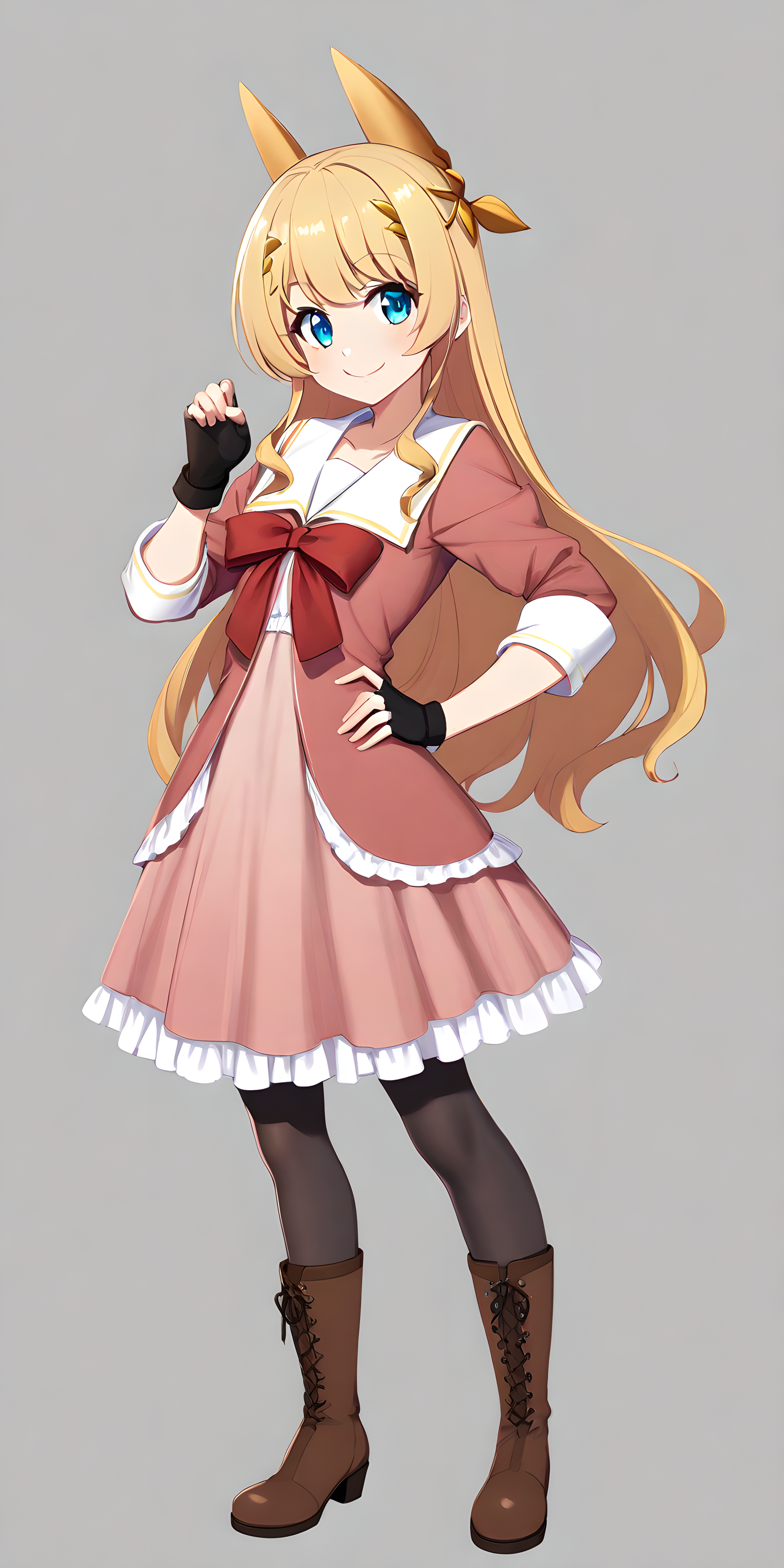 tachibana_hinata, 1girl, blonde hair, solo, long hair, gloves, smile, blue eyes, fingerless gloves, boots, pantyhose, dress, black pantyhose, full body, hand on hip, red bow, black gloves <lora:XL-TachibanaHinata:1>