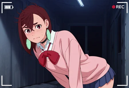 Score 9, Score 8, Score 7, Masterpiece, Superior Quality, Amazing Quality, Masterpiece, Maximum Quality, Ultra-detailed, Alone, White Frame, Maximum Contrast, Saturated Color, Bright Colors, Dynamic Lighting, alone, 20 years old, female body,
ayase_momo,
ayasemomo, hair between eyes, crossed bangs, green earrings, brown hair, red eyes, black choker, short hair, white shirt, red bowtie,pleated skirt,school uniform, pink cardigan, long sleeves,
recording video, in an abandoned hospital, at night, nervous, afraid, flashlight in hand,