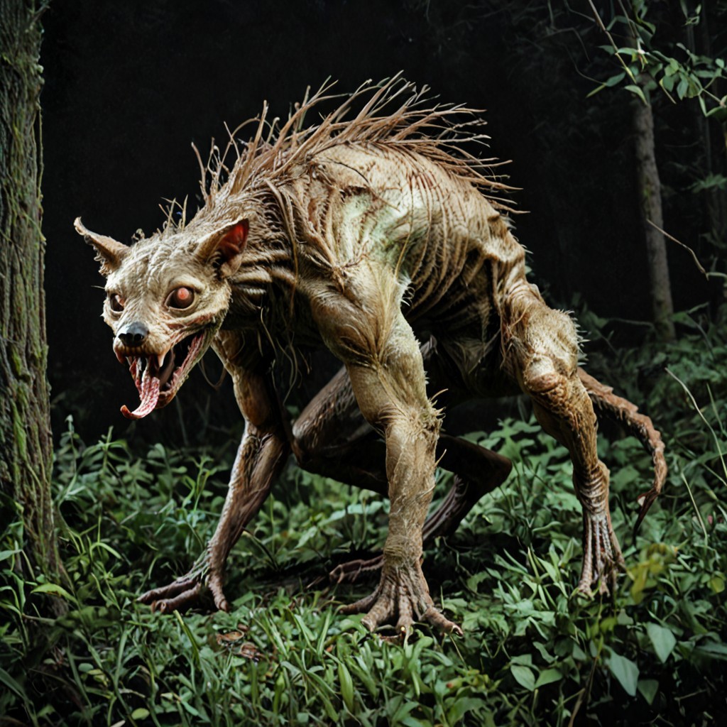 Score_7_up, score_8_up, photo, grainy, amateur, lowres, low quality, flash photography, hard shadow, 
BREAK,
Chupacabra, monster, quills on back, fur, mammal, long tongue, blank eyes, outdoors, forest, nighttime, 
Dark background,