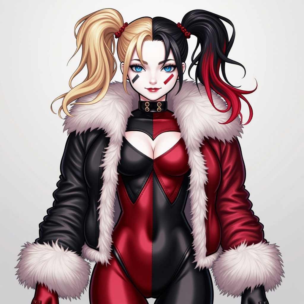 1girl,multicolored hair,blonde hair,black hair,red hair, highlighting,twintails, blue eyes,multicolored clothes, fur jacket, fur-trimmed jacket, red jacket, black jacket,argyle bodysuit, red bodysuit, black bodysuit,facepaint,solo