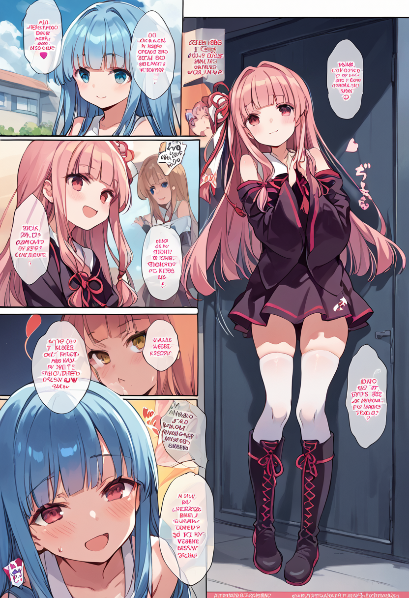 (nsfw:1), (Uncensored:1),
score_9, score_8_up, score_7_up, source_anime, BREAK
 <lora:FComic1To3Page_Pony_V1:1>(1page),comic,Multi view, Frame, Text, speech bubble, frame, heart, trembling, focus line, vibrating line, comic expression, Sound effect,
1girl, solo focus,
(full body:1.3), (cowboy shot),
blush, open mouth, smug, smirk,
<lora:Kotonoha_MMD_Pony_V1:0.85>KotonohaMMD, pink eyes, long hair, bangs, blunt bangs, sidelocks, very long hair, hair intakes,hair ribbon, ribbon, hair ornament, hair tie,  yagasuri,
dress,sleeveless, bare shoulders, collared dress,  wide sleeves, long sleeves,
zettai ryouiki, thighhighs, thighhighs under boots, knee boots,
2 girls, sisters, kotonoha akane, kotonoha aoi, blue hair, pink hair,
(mature female:1), huge brests:1, shiny skin, oily skin, Thick thighs, voluptuous lower body,