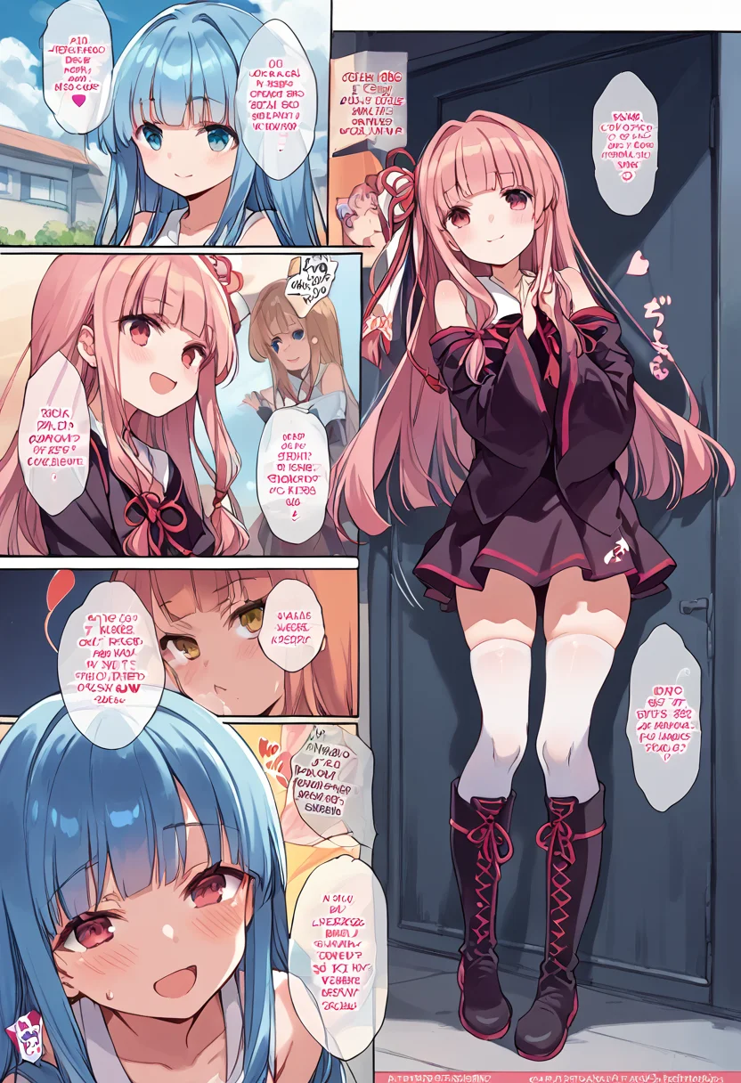 (nsfw:1), (Uncensored:1),
score_9, score_8_up, score_7_up, source_anime, BREAK
<lora:FComic1To3Page_Pony_V1:1>(1page),comic,Multi view, Frame, Text, speech bubble, frame, heart, trembling, focus line, vibrating line, comic expression, Sound effect,
1girl, solo focus,
(full body:1.3), (cowboy shot),
blush, open mouth, smug, smirk,
<lora:Kotonoha_MMD_Pony_V1:0.85>KotonohaMMD, pink eyes, long hair, bangs, blunt bangs, sidelocks, very long hair, hair intakes,hair ribbon, ribbon, hair ornament, hair tie, yagasuri,
dress,sleeveless, bare shoulders, collared dress, wide sleeves, long sleeves,
zettai ryouiki, thighhighs, thighhighs under boots, knee boots,
2 girls, sisters, kotonoha akane, kotonoha aoi, blue hair, pink hair,
(mature female:1), huge brests:1, shiny skin, oily skin, Thick thighs, voluptuous lower body,