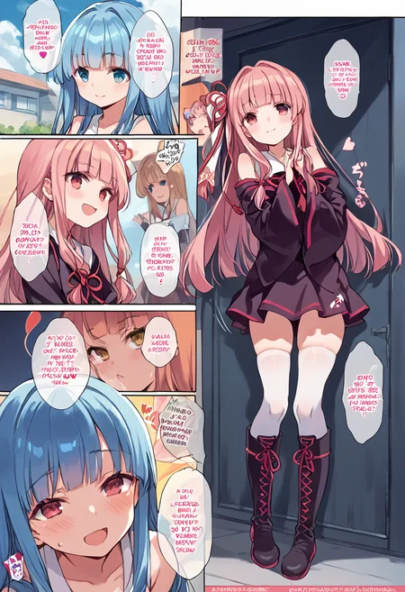 (nsfw:1), (Uncensored:1),
score_9, score_8_up, score_7_up, source_anime, BREAK
 <lora:FComic1To3Page_Pony_V1:1>(1page),comic,Multi view, Frame, Text, speech bubble, frame, heart, trembling, focus line, vibrating line, comic expression, Sound effect,
1girl, solo focus,
(full body:1.3), (cowboy shot),
blush, open mouth, smug, smirk,
<lora:Kotonoha_MMD_Pony_V1:0.85>KotonohaMMD, pink eyes, long hair, bangs, blunt bangs, sidelocks, very long hair, hair intakes,hair ribbon, ribbon, hair ornament, hair tie,  yagasuri,
dress,sleeveless, bare shoulders, collared dress,  wide sleeves, long sleeves,
zettai ryouiki, thighhighs, thighhighs under boots, knee boots,
2 girls, sisters, kotonoha akane, kotonoha aoi, blue hair, pink hair,
(mature female:1), huge brests:1, shiny skin, oily skin, Thick thighs, voluptuous lower body,