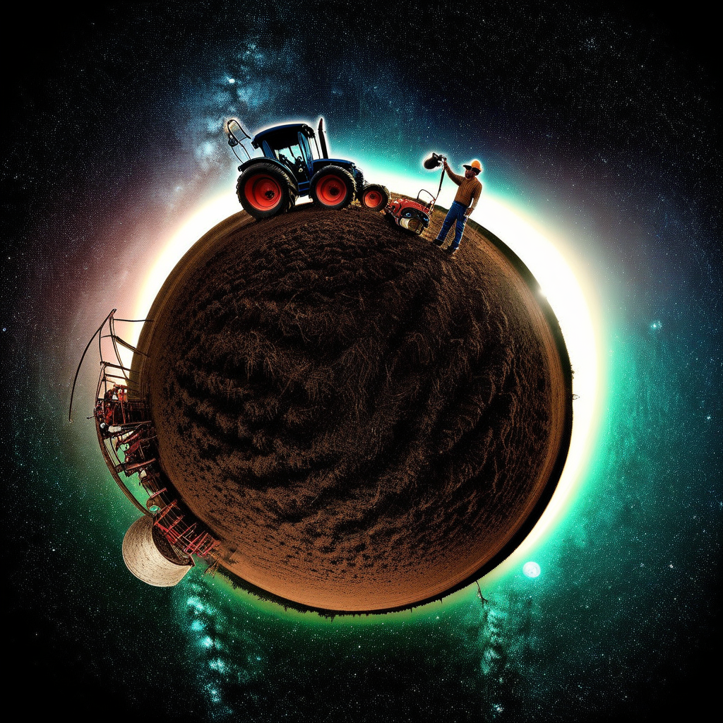 tinyplannet, fisheye lens, an farmer is repairing a tractor antenna on moon, galaxy backdrop