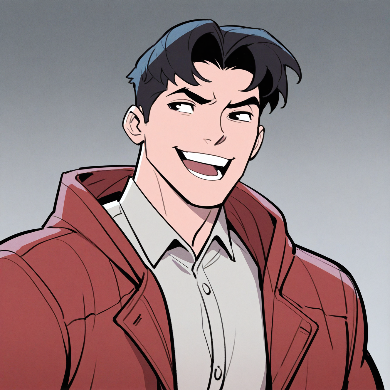 <lora:TIM_DRAKE-IL:1>tim_drake, solo, smile, open mouth, short hair, simple background, shirt, black hair, long sleeves, 1boy, jacket, white shirt, upper body, male focus, :d, open clothes, teeth, collared shirt, hood, grey background, black eyes, coat, parted bangs, looking to the side, gradient background, buttons, hood down, grey shirt, red jacket, meme, open coat, red coat, medium bangs, red cloak, open jacket, v-shaped eyebrows, thick eyebrows, hooded jacket, twenty-something, muscular, western comics (style), motion blur, film grain, abstract, natural lighting, fantasy, cinematic, dynamic, very awa, masterpiece, best quality, absurdres, newest, perfect quality, detailed background, intricate details, (artist:fl \(l-fl\):0.7), (artist:tooboshoo:0.7), (artist:dizdoodz:0.8)