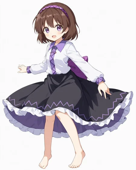 tsukumo yatsuhashi,1girl, barefoot, solo, long_sleeves, open_mouth, white_shirt, black_skirt, purple_hairband, full_body, collared_shirt, looking_at_viewer, white_background, purple_bow, :d, simple_background, instrument
<lora:tsukumo_yatsuhashi_image372_2023-12-20-000025:1>,star-shaped_pupils,symbol-shaped_pupils,. gorgeous,key visual, vibrant, studio anime,award-winning, professional, highly detailed,high budget, cinemascope