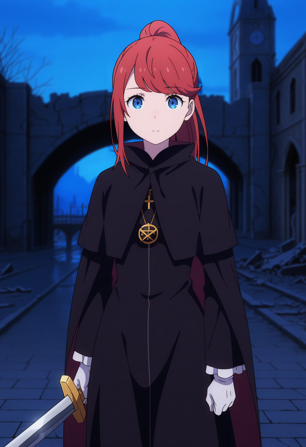 anime screencap, masterpiece, best quality,
<lora:ReZero_TheresiaVanAstrea_IlluXL:0.9>,
1girl, solo, closed mouth, expressionless,
high ponytail, swept bangs, long hair, red hair, blue eyes,
black cloak, pendant, black dress, long sleeves, white gloves,
holding sword,
standing, looking at viewer, cowboy shot,
night, church, outdoors, bridge, ruins, pavement, stone, photo background, blurry background