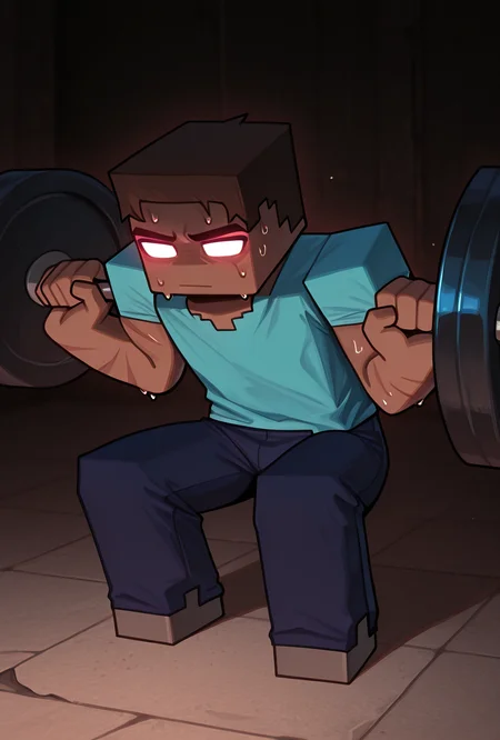 <lora:stevemc-08:1> stevemc, 1boy, male focus, cyan shirt, brown hair, dark-skinned male, dark blue pants, square, square body, pose, , scars, no pupils, glowing eyes,, white sclera, , <lora:Barbell_Squat:1> barbell squat, sweat, shorts, masterpiece, best quality, amazing quality, very aesthetic, absurdres, newest,