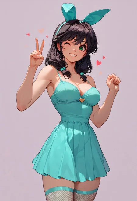 score_9, score_8_up, score_7_up, 1woman, ShampooXLP, gorgeous woman , kawai woman , cute face, cute woman, kawai girl, sexy face, green eyes, black hair, medium hair, turquoise bunny ears, black bra, turquoise skirt, turquoise camisole, fishnet stockings, medium breasts, standing, sexy, looking at viewer, in a gamer girl room, wink, hearts, smile, victory pose, pin up,