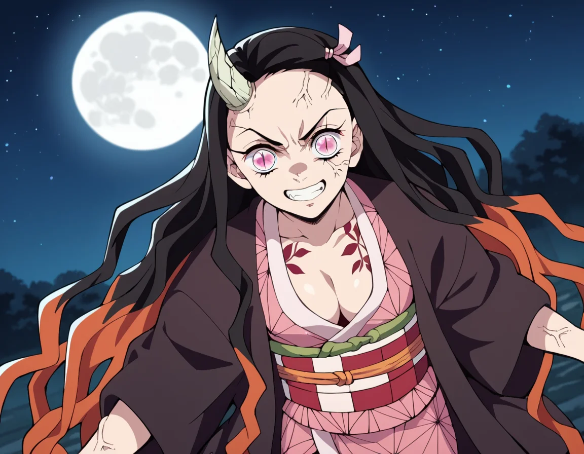 score_9, score_8_up, score_7_up, source_anime,
nezukokamado, <lora:nezuko-kamado-anime-ponyxl-lora-nochekaiser:1>,
nezuko kamado, black hair, forehead, hair ribbon, long hair, multicolored hair, pink eyes, orange hair, slit pupils, wavy hair, two-tone hair,
cleavage, japanese clothes, horns, kimono, sash, obi, demon girl, angry, single horn, veins, pink kimono, cracked skin, checkered sash, tattoo,
outdoors, night, landscape, moon, starry sky, bent over, smile,
solo, dutch angle, looking at viewer, cowboy shot,