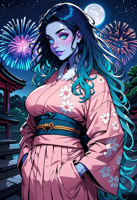 commix style, score_9, score_8_up, score_7_up, 1woman, mature, (blue skin:1.3), detailed blue eyes, large round eyes, bright eyes, (long dark blue hair:1.4), fiery hair, gradient_hair to light neon blue, (very long hair), blue lipstick, huge breasts, fur collar, pink kimono, floral print, obi, blue hakama skirt, outdoors, shrine, night, moon, dark, fireworks,