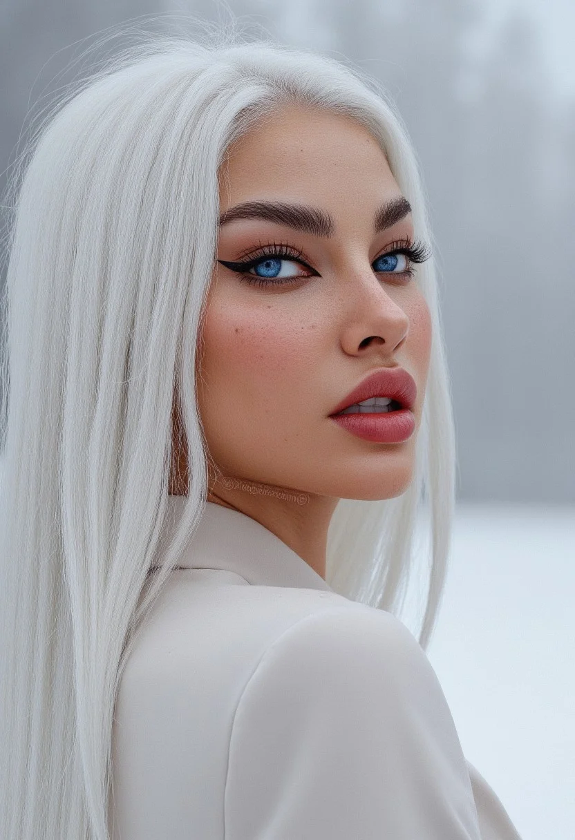 cinematic upper body photo, Dramatic Shadow with a Bold Look, Mysterious Oriental Beauty, FE 85mm f/1.4 GM, ISO 100, excellent dynamic range, beautiful woman, daylight, snow, white winter background, snowing sky, makeup, natural youthful glow. White modern clothes, straight white hair cascading down her shoulders, Her eyes are almond-shaped and striking blue ,accentuated by thick ,eyeliner. Her eyebrows are well-groomed,framing her eyes. arctic circle snow drift, snowing, snowflakes, cold, chill bumps, approaching perfection, dynamic, highly detailed, smooth, sharp focus, intricate details, shallow depth of field, vignette, high budget, bokeh, cinemascope, moody, epic, gorgeous, film grain, grainy,(skin texture:1.4)
adorned with cascading vines and blooming flowers,.,<lora:Esc_Makeup:0.4>, Extreme emphasize on photorealistic, realistic detail, realistic reflection detail and realistic background detail.
