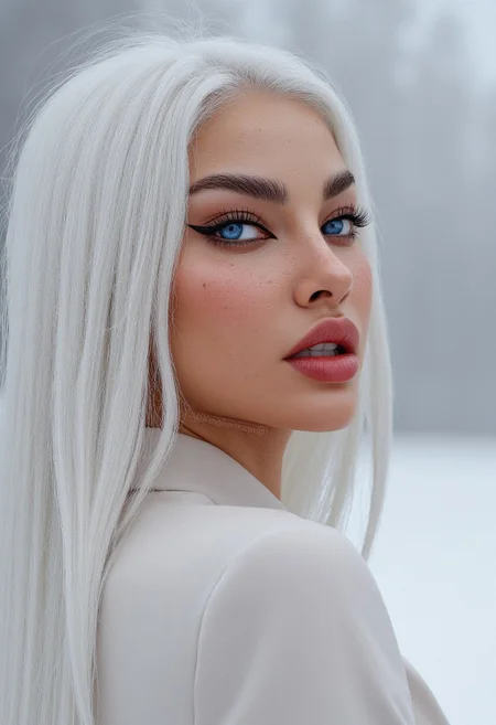 cinematic upper body photo, Dramatic Shadow with a Bold Look, Mysterious Oriental Beauty, FE 85mm f/1.4 GM, ISO 100, excellent dynamic range, beautiful woman, daylight, snow, white winter background, snowing sky, makeup, natural youthful glow. White modern clothes, straight white hair cascading down her shoulders, Her eyes are almond-shaped and striking blue ,accentuated by thick ,eyeliner. Her eyebrows are well-groomed,framing her eyes. arctic circle snow drift, snowing, snowflakes, cold, chill bumps, approaching perfection, dynamic, highly detailed, smooth, sharp focus, intricate details, shallow depth of field, vignette, high budget, bokeh, cinemascope, moody, epic, gorgeous, film grain, grainy,(skin texture:1.4)
adorned with cascading vines and blooming flowers,.,<lora:Esc_Makeup:0.4>, Extreme emphasize on photorealistic, realistic detail, realistic reflection detail and realistic background detail.