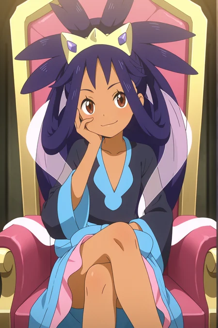 1girl,
throne, seat, on throne, crossed legs, a hand resting on the face,depth of field, (seductive smile,:1.1)  smirk,
<lora:iris_champion_2:1> iri5cham1on,ColourEX,
dark-skinned female, dark skin,
brown eyes,
purple hair, very long hair, ponytail, spiked hair, hair rings,
tiara, purple gem tiara,black shirt, blue v-neck,
pink see-through shawl,
blue sleeve cuff,middle blue ribbon,blue skirt, pink skirt edge,, masterpiece, high quality, absurdres, best quality, very aesthetic, newest,