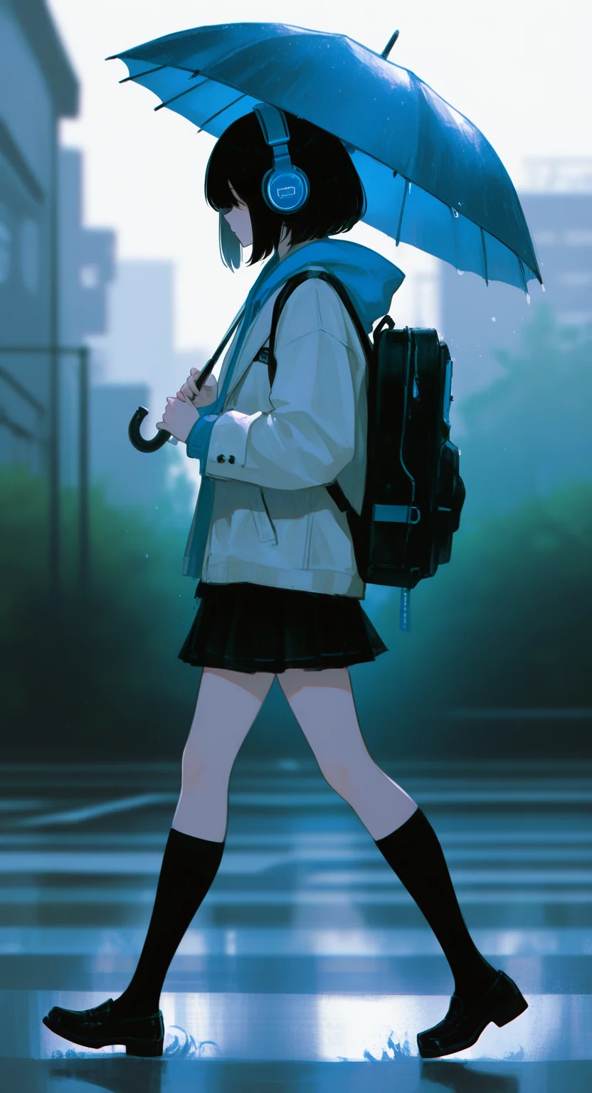 masterpiece, best quality, good quality, very aesthetic, absurdres, newest, 1girl, solo, short hair, skirt, black hair, long sleeves, jacket, socks, hood, black footwear, bag,kneehighs, hoodie, headphones, black socks,loafers, Carrying a violin case, walking, holding umbrella, from side,depth of field,day <lora:ponyv5_noobV065S_1_adamW-000013:0.7> <lora:USNR_STYLE_XL_lokr:0.45> <lora:745cmSDXLvpred75S:0.7>