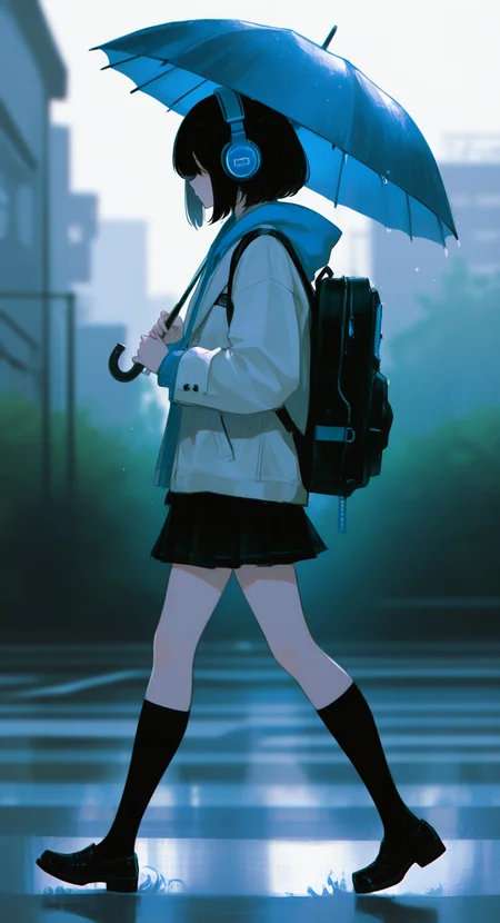 masterpiece, best quality, good quality, very aesthetic, absurdres, newest, 1girl, solo, short hair, skirt, black hair, long sleeves, jacket, socks, hood, black footwear, bag,kneehighs, hoodie, headphones, black socks,loafers, Carrying a violin case, walking, holding umbrella, from side,depth of field,day <lora:ponyv5_noobV065S_1_adamW-000013:0.7> <lora:USNR_STYLE_XL_lokr:0.45> <lora:745cmSDXLvpred75S:0.7>