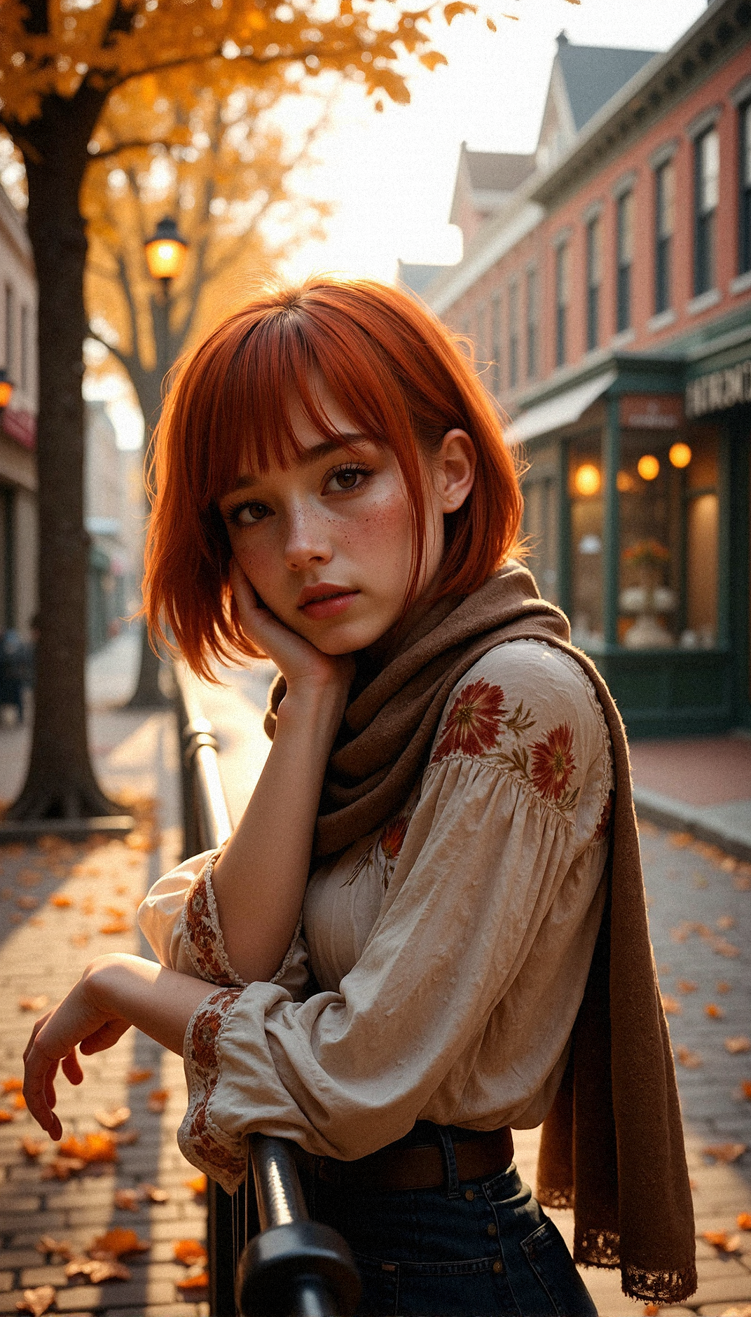 Create a photorealistic close-up featuring a glamorous young beauty with vibrant red hair in a small-town street scene during autumn. She is wearing A flowy blouse with earthy patterns and subtle bell sleeves for added style.With her face partially hidden by her scarf,
 Her short, tousled bob frames her freckled face, capturing the soft light from nearby streetlamps. The cobblestone pathway is sprinkled with fallen leaves in shades of orange and yellow, and the street is lined with charming brick buildings. Trees with autumn foliage add color to the scene, while a gentle mist envelops the background, adding depth and tranquility. The woman’s expression is thoughtful, as she gazes away from the camera, lost in contemplation. The overall atmosphere is warm and nostalgic, with soft shadows enhancing the realism and capturing the essence of a peaceful autumn day in a quaint town.Subtle mist enveloping the street for a dreamy effect.Detailed textures on the brick pathway.Realistic light reflections in the shop windows.Natural texture on her hair strands.

Leaning over a railing, looking down at the leaves on the ground, her red hair catching the soft light.


