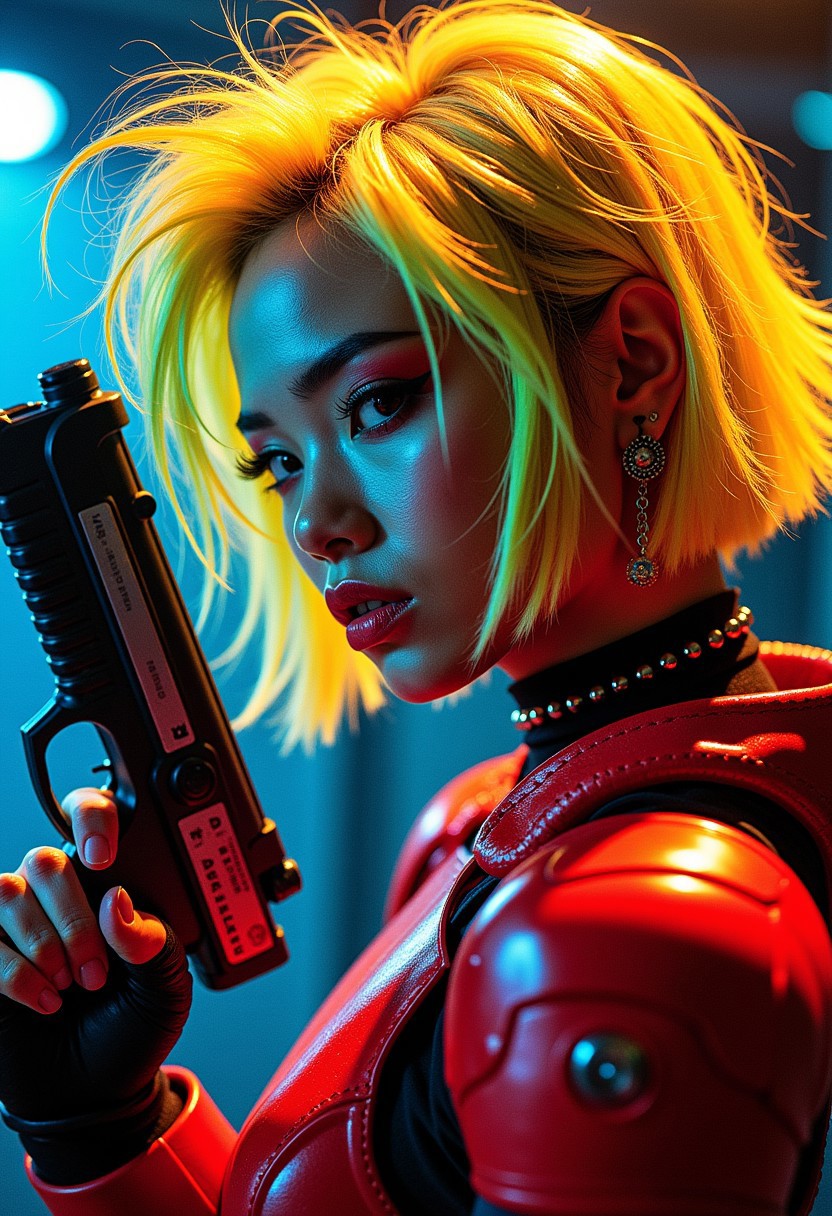 a punk Japanese sci-fi soldier, neon yellow messy bobbed hair, sidelocks, bangs, earrings, dark eyeshadow, bright crimson lips, studded choker, extreme closeup side portrait, seductive, sexy red and gold power armour, holding sci-fi blaster pistol, silhouetted, chiascuro, bokeh, professional photography, dark background, directional blue lighting