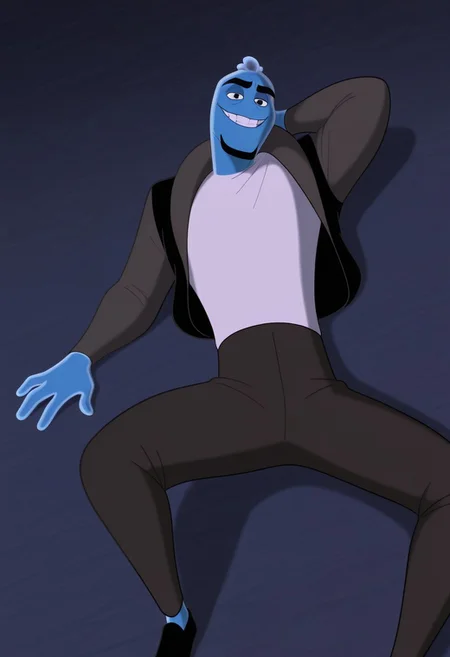 score_9, score_8_up, score_7_up, score_6_up, perfect anatomy, perfect proportions, best quality, masterpiece, high_resolution, high quality, best aesthetic, incredibly absurdres, highres, extremely detailed, huge filesize, solo male, adult, mature, masculine, manly, handsome, charming, alluring, standing, upper body, dutch angle, cowboy shot, perfect face, source_cartoon \(Osmosis Jones\), cartoon coloring \(Osmosis Jones\), Ozzy\(Osmosis Jones\), OJOzzy, short hair, translucent hair, black eyes, black eyebrows cytoplasm skin, blue skin, translucent skin, black facial hair, goatee, OJOzzy_outfit01, white undershirt, grayish-brown jacket, open jacket, dark gray pants, black shoes, grin, lying on ground, on back, spread legs, hand behind head