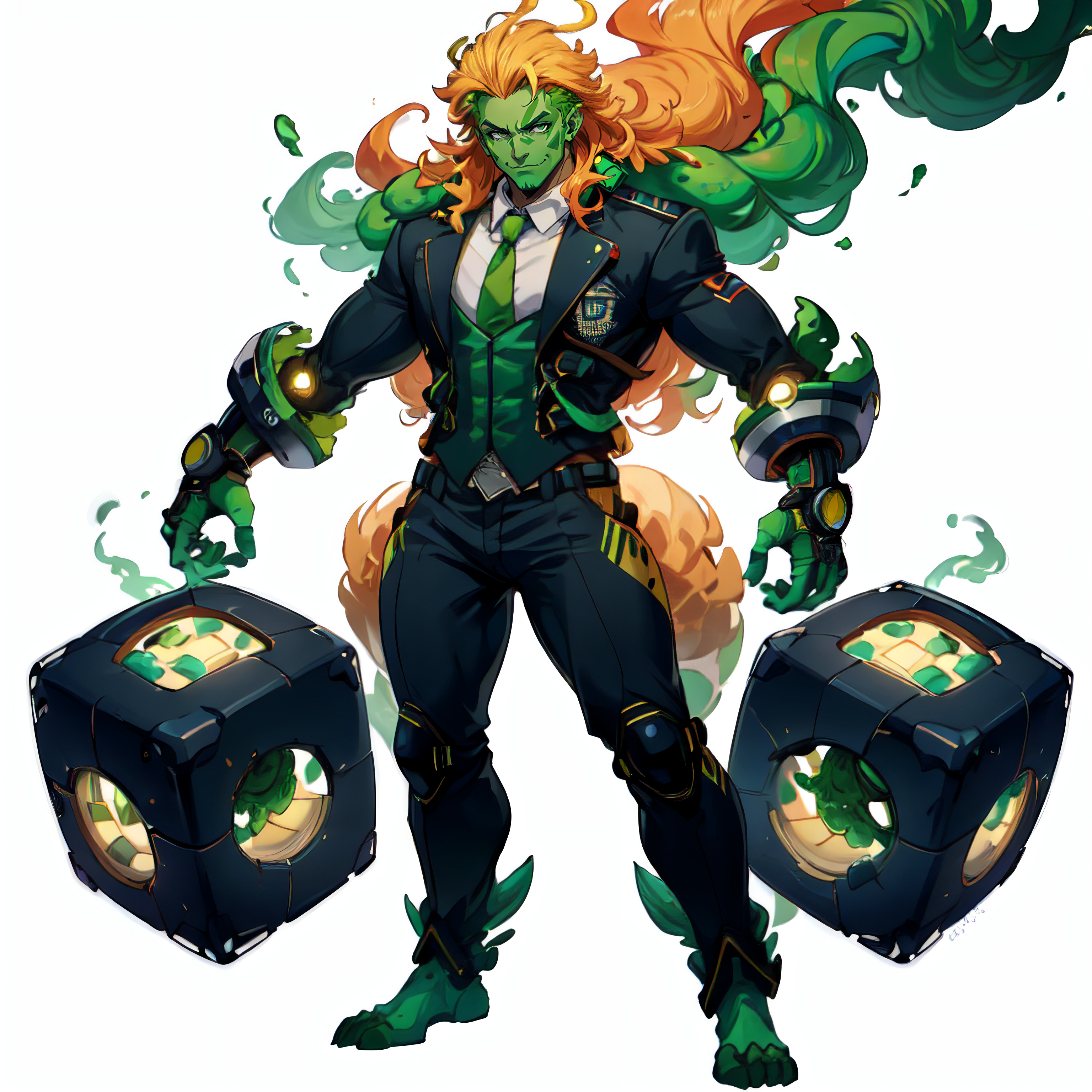 (simple background:1.2), ( white background:1.2), detailed eyes,  full body, looking at viewer, scifi,(monster girl:1.1),monster girl, athletic, , smug, green skin , boy, green eyes, yellow hair, necktie, (academy uniform:1.1), trousers, multicolored, (lifting a giant cube), skin, colored skin, long hair, yellow strands, green hair,  <lora:worldoffire:1> worldoffire