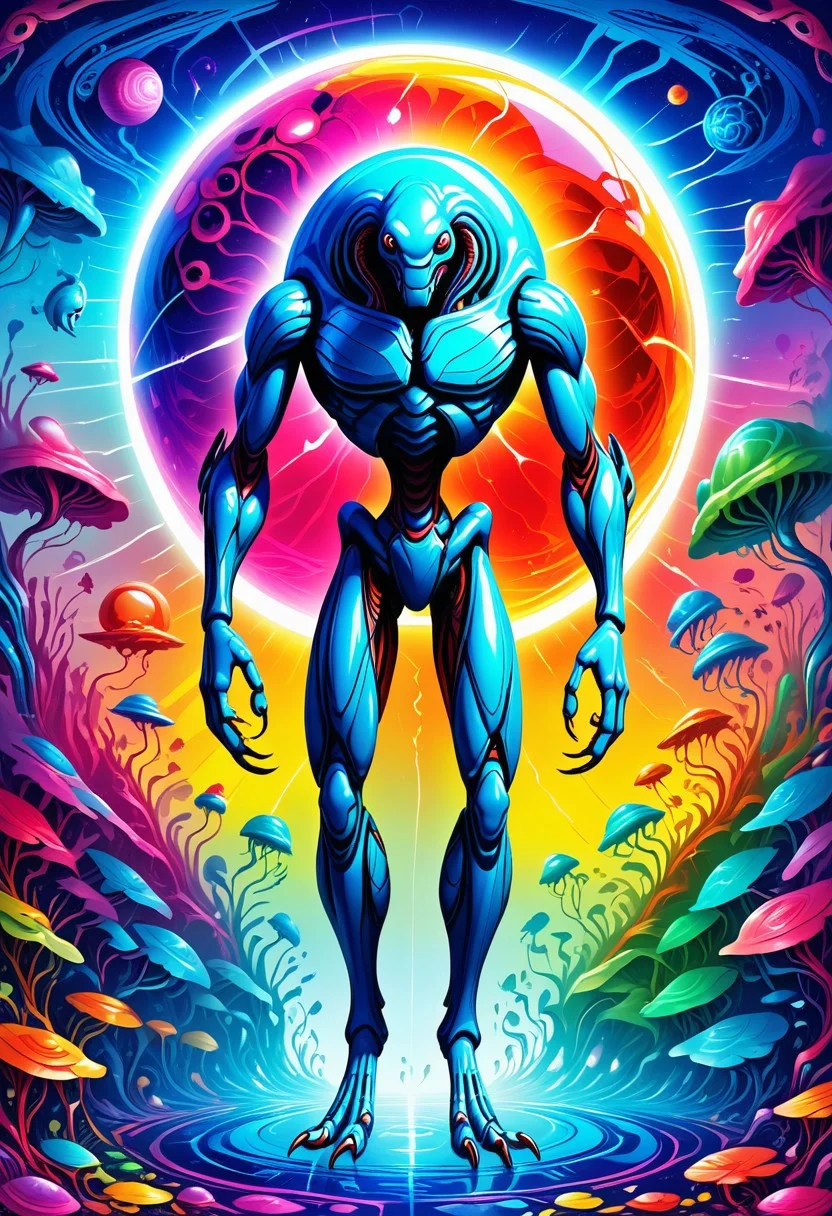 --(very aesthetic, best quality, ultra detailed), intricate details,
masterpiece, perfect, award winning, prize winning, concept art, Jed-Spl4sh,
alien space creature, segmented body, multiple eyes, techno insectoid, pudgy limbs, shiny body, chitlin, antenna, reflective body, alien planet, lush wildlife, colorful, vibrant colors, color contrast, bold lines, crisp lines, sharp lines , asymmetrical,