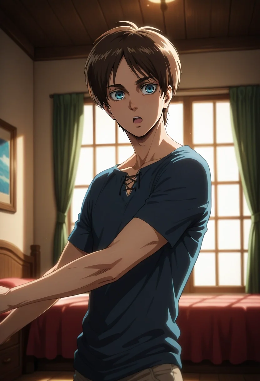 masterpiece, best quality, , (realistic:0.6), , , 1boy, solo, male focus, <lora:eren_yeager_ilxl:0.98>, eren_yeager_s4, brown hair, blue eyes, short hair, focused, bedroom, indoors, light, dancing, :o,
