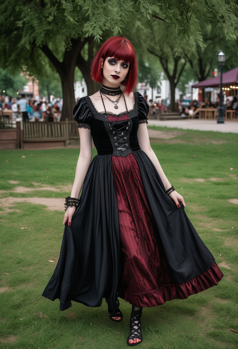 (medium full shot) of (enchanting gothic maiden) young woman, Medium build, short red straight bangs hair, indian, mahogany skin, olive green eyes, wearing a dark victorian silver casual gown with intricate patterns , striped stockings, strappy sandals, Dark crimson lipstick, dramatic red and black eyeshadow, dark nail polish with red accents, lace choker gothic rings, set in  medieval Town Square, Open space bustling with activity, people playing tag on the grass, a well with a bucket dangling from a rope, benches shaded by leafy trees, a patch of herbs growing near the edge, a wooden stage set up for performances , at night, woman smiling, ,Masterpiece,best quality, raw photo, realistic, very aesthetic