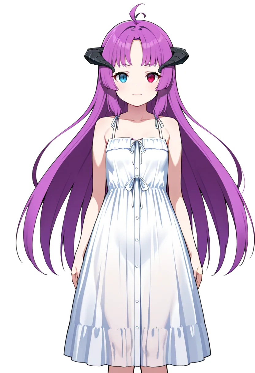 masterpiece, best quality,
1girl, solo, cowboy shot,
standing,
looking at viewer, light smile,
simple background, white background,
<lora:Kishirika_Kishirisu:1> K1sh1r1k4K1sh1r1s0, horns, long hair, purple hair, ahoge, bangs, heterochromia, demon girl,
dress, sundress, long dress,