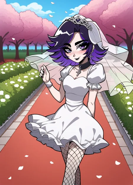 (masterpiece), (best quality), (ultra-detailed), score_9,score_8_up,score_7_up,score_6_up, source_cartoon, afs_ksusha, 1girl, , black eyeshadow, black eyebrows, black lipstick, black freckles around nose, cross earrings,detailed purple eyes, short spiky hair, bangs, dark purple hair, purple gradient hair color, multicolored hair, short sleeves, puffy sleeves, casual dress, black nails, fishnets, wedding dress, black nails, , fishnets, blush, smiling, altar, wedding photo, bridal veil, outdoor wedding, daylight, red carpet, outside, man's, pov, looking at camera, (crowded wedding garden scenery:1.3), action packed, a lot of confetti, illustration, disheveled hair, detailed eyes, perfect composition, moist skin, intricate details, earrings, by wlop, score_9,score_8_up,score_7_up,score_6_up, source_cartoon, afs_ksusha, 1girl,, black eyeshadow, black eyebrows, black lipstick, black freckles around nose, cross earrings,detailed purple eyes, short spiky hair, bangs, dark purple hair, purple gradient hair color, multicolored hair, short sleeves, puffy sleeves, casual dress, black nails, fishnets, wedding dress, black nails,, fishnets, blush, smiling, altar, wedding photo, bridal veil, outdoor wedding, daylight, red carpet, outside, man's, pov, looking at camera, (crowded wedding garden scenery:1.3), action packed, a lot of confetti, massive, cinematic, extremely detailed, beautiful, intricate, breathtaking, highly detail, light, bright, artistic, romantic, scenic, peaceful, attractive, unique, best, stunning, awesome, surreal, perfect composition, calm, lovely, elegant, luxury, epic, creative, amazing, positive