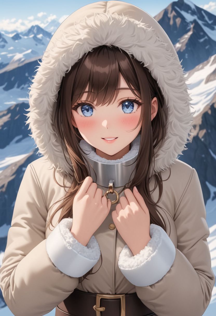 ((((white Oversized shearling down jacket)))), ((((white Oversized shearling puffer jacket)))), ((((white Oversized shearling winter clothes)))), ((((very very cold, in cold)))), ((((semi-realistic)))), ((((puffer hood)))), ((medium knee office skirt, pantyhose, boots)), ((((full body)))), ((sharp eyelid, eyeliner, eyelashes, beautiful detailed eyes, tsurime, long messy brown hair, blue eyes, perfect anatomy)), detailed fingers, solo, smile, standing, icefield, ((((masterpiece)))), ((((best quality)))), ((intricate details)), RAW, 8K UHD, (1girl), office lady, detailed face, beautiful face, charming, bonny, (((blush))), (((heavy breathing))), (((feels orgasm))), wind, (Thick padded collar:1.4), (TSH:1.4), (Thick padded cuffs:1.4)