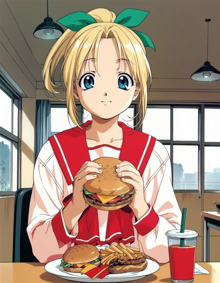 score_9, score_8_up, score_7_up, <lora:to-heart-ponyxl:0.95> 1girl, solo, miyauchi lemmy, blonde hair, ponytail, hair ribbon, serafuku, hamburger, indoors