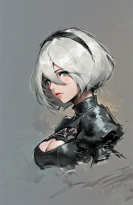1girl, solo, 2B from the game Nier automata, upper body, looking at camera, rough color sketch style, concept design, rough sketch, color sketch, <lora:rough color sketch style:0.75>