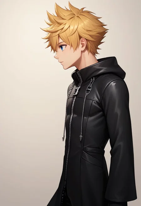 score_9, score_8_up, source_anime, highly detailed, upper body,
roxas, 1boy, slender, skinny, cute. solo, blue eyes, blonde hair, spiked hair hood, zipper, black footwear, long sleeves, gloves, black pants, upper body, coat, long coat, profile,