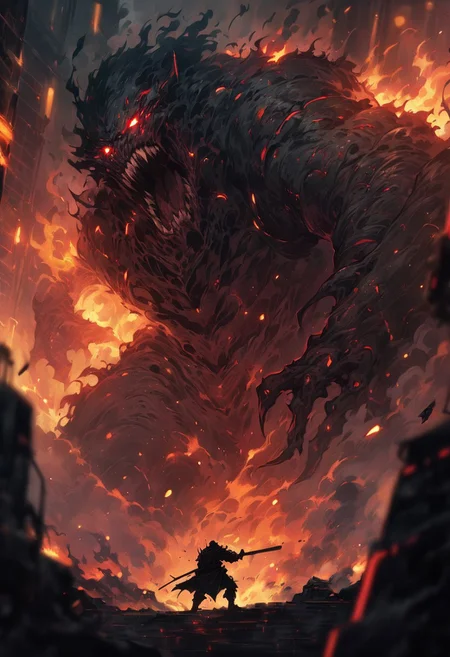 dark cyberpunk, cyber-samurai, action pose, fighting the monster, huge monster, (fire and smoke pillar), (masterpiece), (best quality), (ultra-detailed), very aesthetic, illustration, perfect composition, intricate details, absurdres, (anime, masterpiece, intricate:1.3), (best quality, hires textures, high detail:1.3), (4k),(incredibly detailed:1.4)
masterpiece:1.2, best quality:1.5, highly detailed, depth of field, cinematic lighting, intricate, 8k wallpaper, cg, sharp focus, glowing, intense