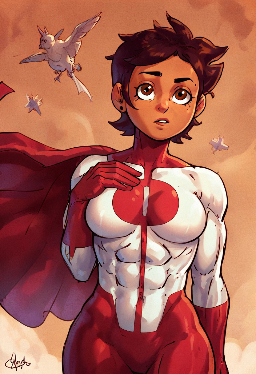 score_9, score_8_up, score_7_up 
   , masterpiece, beautiful,
Luz Noceda, brown hair, short hair, brown eyes, dark skin, medium breast, wide hips,
,Upper body,Omnimman,skintight suit, red O shaped chest emblem,red gloves,  red cape,  Muscle, flying, old japanese village background,