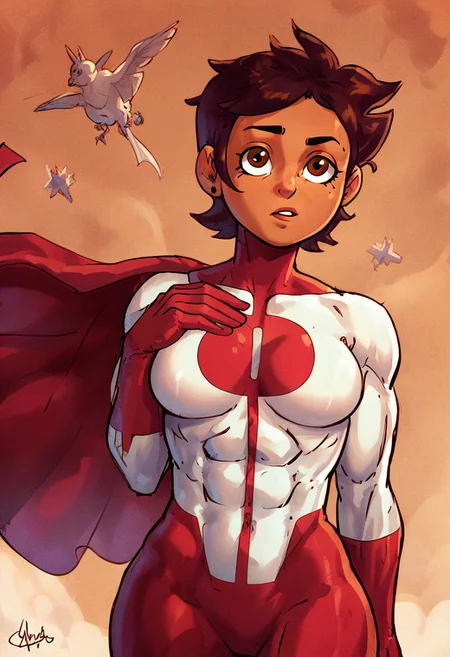 score_9, score_8_up, score_7_up 
   , masterpiece, beautiful,
Luz Noceda, brown hair, short hair, brown eyes, dark skin, medium breast, wide hips,
,Upper body,Omnimman,skintight suit, red O shaped chest emblem,red gloves,  red cape,  Muscle, flying, old japanese village background,
