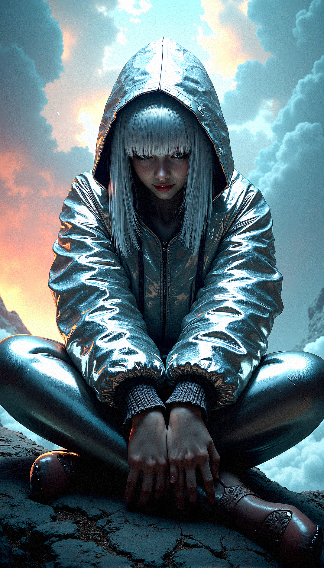 A mysterious beauty is the focal point of this intricate digital artwork, her shining silver hair barely visible beneath a hooded jacket. The jacket is made of a reflective, almost metallic material that catches and refracts light in complex ways, creating a visually stunning texture. The figure’s eyes are hidden in the shadows of the hood, adding to the air of mystery and intrigue. The background features a dramatic, on a cold mountain summit, cloud-filled sky, rich with vibrant colors and swirling patterns, as if nature itself is in turmoil or transition. The lighting is intense, with beams of light cutting through the clouds, casting dynamic shadows across the figure’s face and clothing. The overall composition is highly complex, with rich, saturated colors and extreme detail, making every element—from the texture of the jacket to the vibrant sky—stand out with striking clarity and depth.

Sitting on the ground with knees drawn up and hands resting on them.