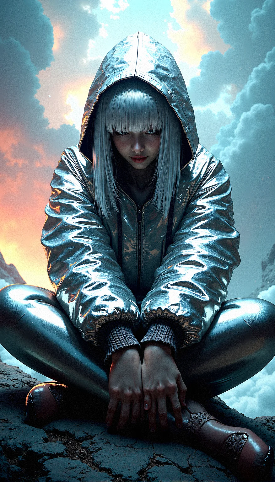 A mysterious beauty is the focal point of this intricate digital artwork, her shining silver hair barely visible beneath a hooded jacket. The jacket is made of a reflective, almost metallic material that catches and refracts light in complex ways, creating a visually stunning texture. The figure’s eyes are hidden in the shadows of the hood, adding to the air of mystery and intrigue. The background features a dramatic, on a cold mountain summit, cloud-filled sky, rich with vibrant colors and swirling patterns, as if nature itself is in turmoil or transition. The lighting is intense, with beams of light cutting through the clouds, casting dynamic shadows across the figure’s face and clothing. The overall composition is highly complex, with rich, saturated colors and extreme detail, making every element—from the texture of the jacket to the vibrant sky—stand out with striking clarity and depth.
Sitting on the ground with knees drawn up and hands resting on them.
