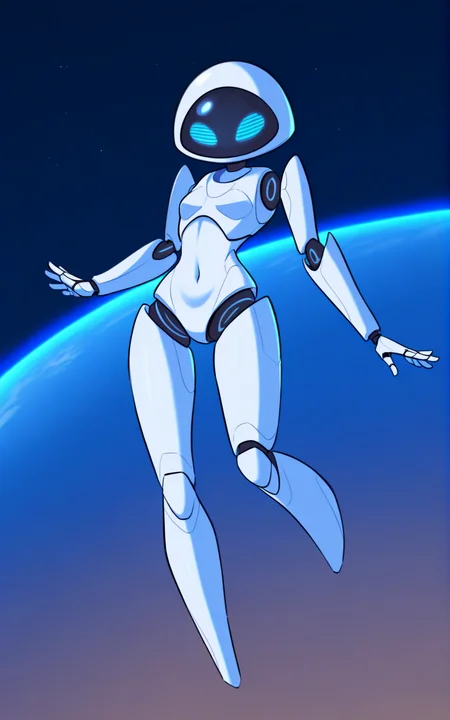 best quality, absurdres,full body,<lora:BolivanteStyleITS:0.8>, <lora:EVEITS:0.8>, EVEITS, EVEITS, robot, humanoid robot, blue eyes, no mouth, white skin, screen face, robot joints,slim, featureless feet,slim,breast, flying, space, planets, stars,knee up, female