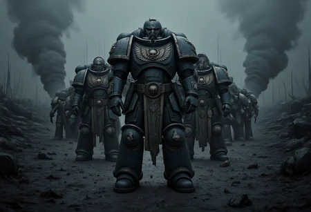 "An ultra-realistic digital painting of Warhammer 40k Primaris Marines in Mark X Power Armor, shown in a full-body, close-up view against a dark, chaotic battlefield. The towering Space Marines stand amidst scattered futuristic debris, shadowed craters, and a desolate landscape under a misty, cinematic atmosphere. The armor is intricately engraved with detailed engravings that catch the light, emphasizing each engraved edge and panel. Realistic lighting and shadows play across their formidable armor, accentuating every detail in high definition. The background is filled with desolate details: scattered wreckage, faint mist, and deep shadows that create a haunting and war-torn environment. A subtle film grain overlay and reversal film effect add a gritty texture, giving the piece an official art style. 32k resolution quality with cinematic atmosphere."