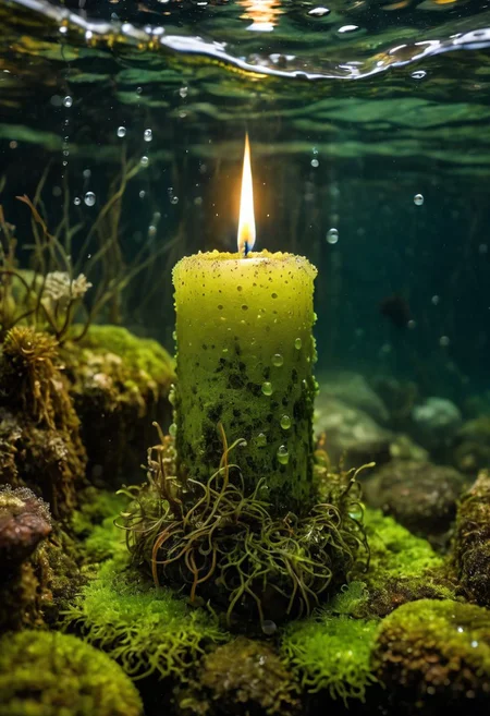 A lit (mossy earthen candle:1.1), underwater, air bubbles