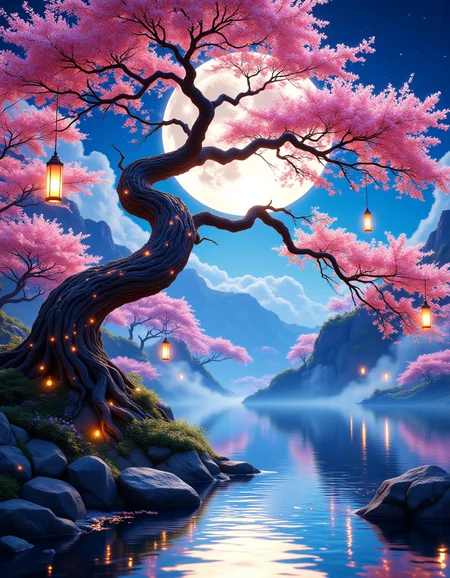 A breathtaking fantasy landscape illuminated by a full moon, its radiant glow casting a soft ethereal light across the scene. Surrounding the moon, delicate pink cherry blossoms drift gently in the night breeze, their petals glowing faintly as they descend. An ancient Japanese-style bonsai tree stands proudly in the foreground, its curved branches elegantly reaching toward the sky. Tiny luminescent orbs, resembling fireflies, pulse with golden light along the textured bark, creating an enchanting, mystical aura.
Below, the waterâs surface reflects the moonâs brilliance, rippling gently as neon-tinted hues dance across the mirrored landscape. The surrounding environment is bathed in vibrant blues, purples, and soft pinks, blending together to create a surreal and dreamy atmosphere. Wisps of mist rise from the ground, swirling with an otherworldly glow, enhancing the sceneâs magical realism.
The background extends into a neon-lit fantasy world, with softly illuminated floating lanterns and faint shimmering lights in the distance. Every detail is rendered in ultra-high resolution, with hyper-realistic textures and cinematic lighting emphasizing the depth and grandeur of the composition. A masterpiece of fantasy realism, blending dreamlike beauty with intricate natural elegance.
<lora:aidmaMJ6.1_v0.5_3:0.4> aidmamj6.1 <lora:DreamArtFlux:0.15> DreamArt <lora:aidmaMJ6.1v0.4:0.4> aidmaMJ6.1 <lora:FluxMythR3alisticF:0.2> R3alisticF <lora:FluxDFaeTasticDetails:0.15> <lora:aidmaFLUXpro1.1light-FLUX-V0.1:0.4> aidmafluxpro1.1
