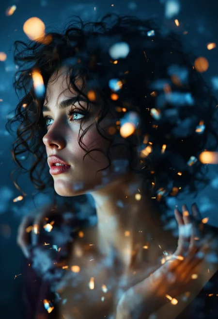 A double exposure image depicting a young woman with dark, curly hair and blue eyes, and a man in his thirties with short, brown, wavy hair and light skin. The scene is set against a dark, blue, background, creating a mysterious and fantastical atmosphere. This digital artwork has a dreamlike quality. clean sharp focus, hyper-realistic, ultra sharp photo, octane render, dramatic light, award-winning photo, cinematic lighting, stock photography