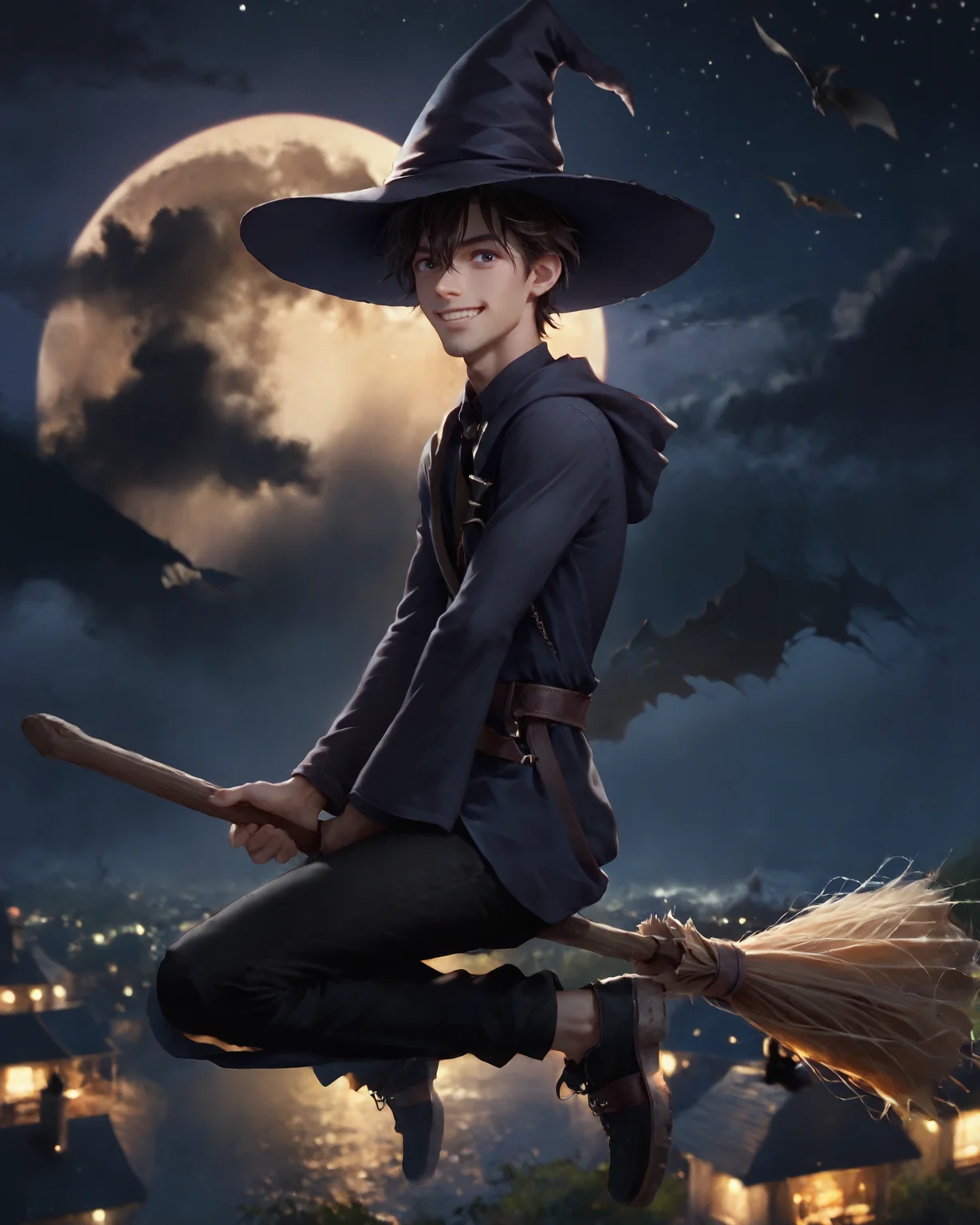 1score_9, score_8_up, score_7_up, intricate details, rating_safe,
<lora:homri52:1>,
<lora:Broom_riding:1>,
1boy(human, full body, witch boy, very skinny, black pants, side view, shirt, slender, cute, solo, witch hat, riding a broomstick in the sky, flying, looking at the viewer, smiling, r1dingbroom, broom riding, broom), outdoors, at night, dark night, shadows, depth of field, detailed background,
<lora:ral-chrosc-clr:0.5>, ral-chrosc-clr,
<lora:Expressive_H:0.5>, expessiveH,
<lora:xl_more_art-full_v1:0.3>,
<lora:add-detail-xl:0.3>,